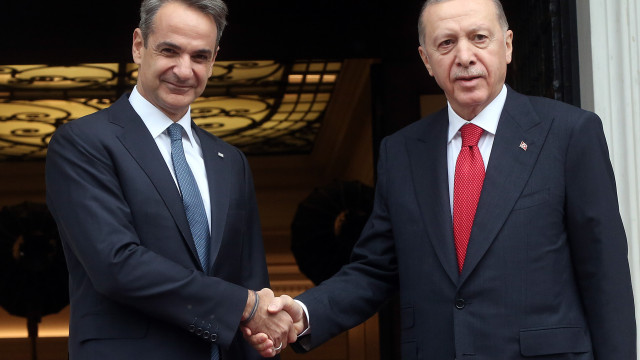 Greek Prime Minister Kyriakos Mitsotakis welcomes Turkish President Recep Tayyip Erdogan prior to their meeting in Athens, Greece, 07 December 2023